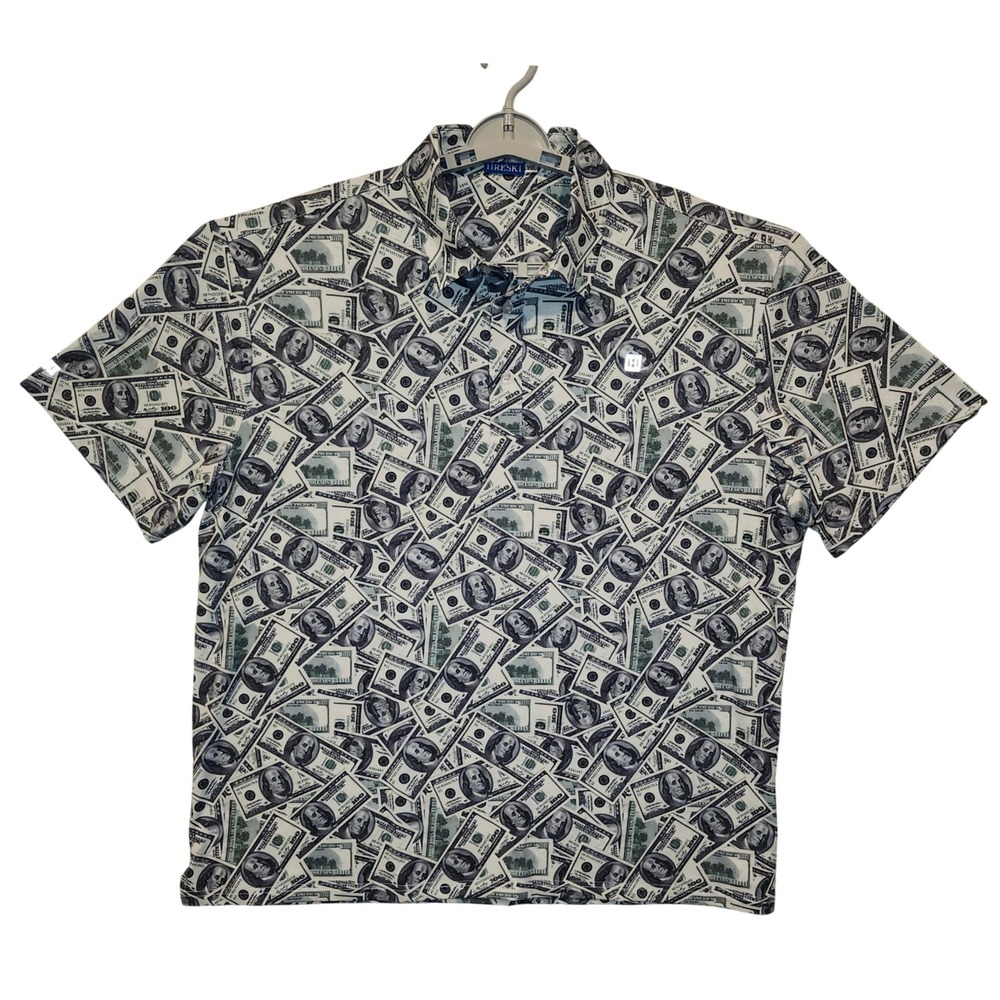 Hreski Mens XXL Money Print Polo‎ Shirt Short Sleeve 100 Dollar All Over Print